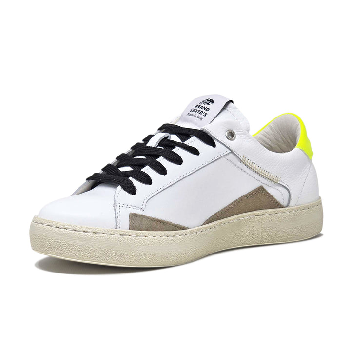 EVAN PELLE BIANCA CAMOSCIO TAUPE DETTAGLI GIALLO FLUO